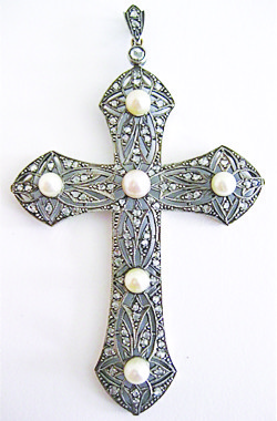 Victorian cross with Natural pearls & rose cut dia.