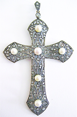 Victorian cross with Natural pearls & rose cut dia. Victorian cross with Natural pearls & rose cut dia.