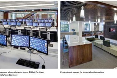 trading room where students invest $1m of Fordham University’s endowment & Professional spaces for informal collaboration