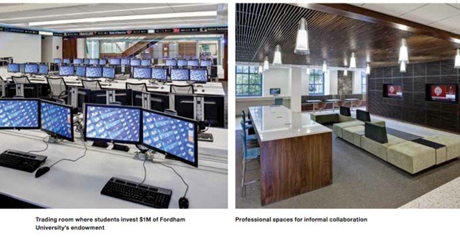 trading room where students invest $1m of Fordham University’s endowment & Professional spaces for informal collaboration