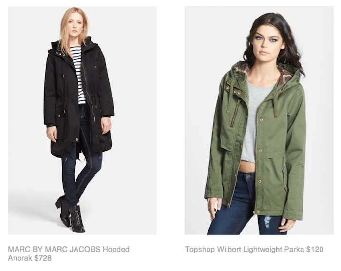 MARC BY MARC JACOBS Hooded Anorak $728, Topshop Wilbert Lightweight Parka $120