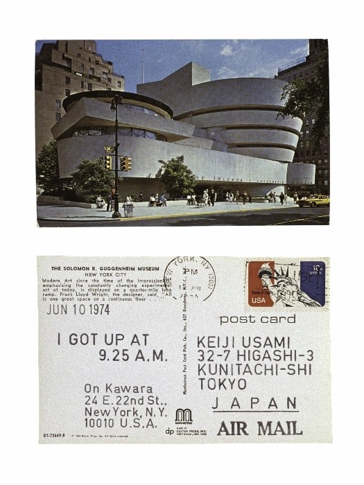 On Kawara JUN 10 1975 From I Got Up, 1968–79 Stamped ink on postcard, 3 1/2 x 5 1/2 inches (8.9 x 4 cm) Collection of Keiji and Sawako Usami