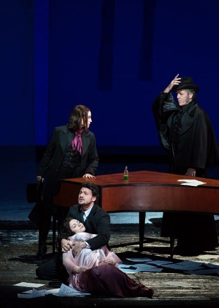 An earlier cast featuring Hibla Germova as Antonia, Vittorio Grigolo as Hoffmann, Kate Lindsey as Nicklausse and Thomas Hampson as Dr. Miracle. Photo: Marty Sohl/Metropolitan Opera