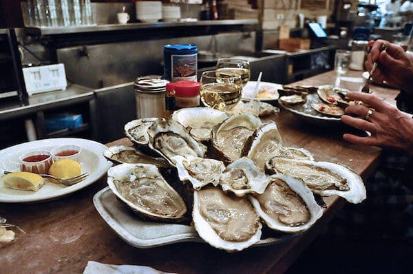 A plate of oysters and a glass of sauvignon blanc at The Oyster Bar in New York Grand Central Station.