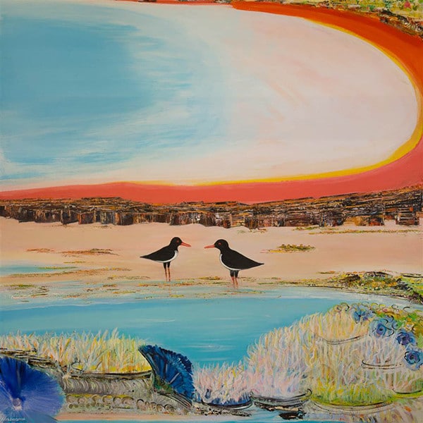 Krim Benterrak's Feeding Time with Pied Oyster Catchers. Acrylic on Canvas 59" x 59"